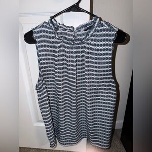 Banana Republic Factory Sleeveless Ruffle-Neck Tank - Teal/Blue & White Pattern